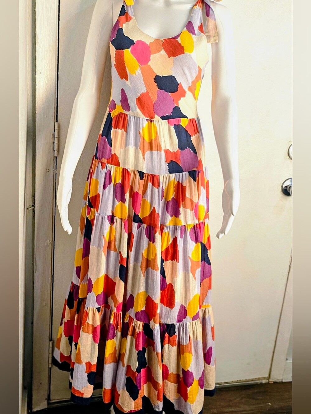 THML Colorful Abstract Brushstroke Tie-Shoulder Tiered Maxi Dress Small